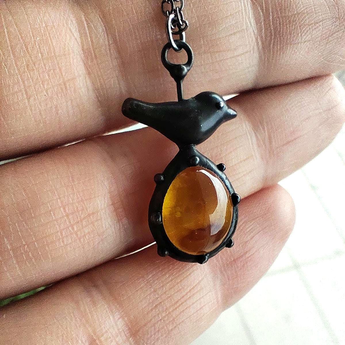 Black Stained Glass Bird Pendant Necklace – Copper & Pewter