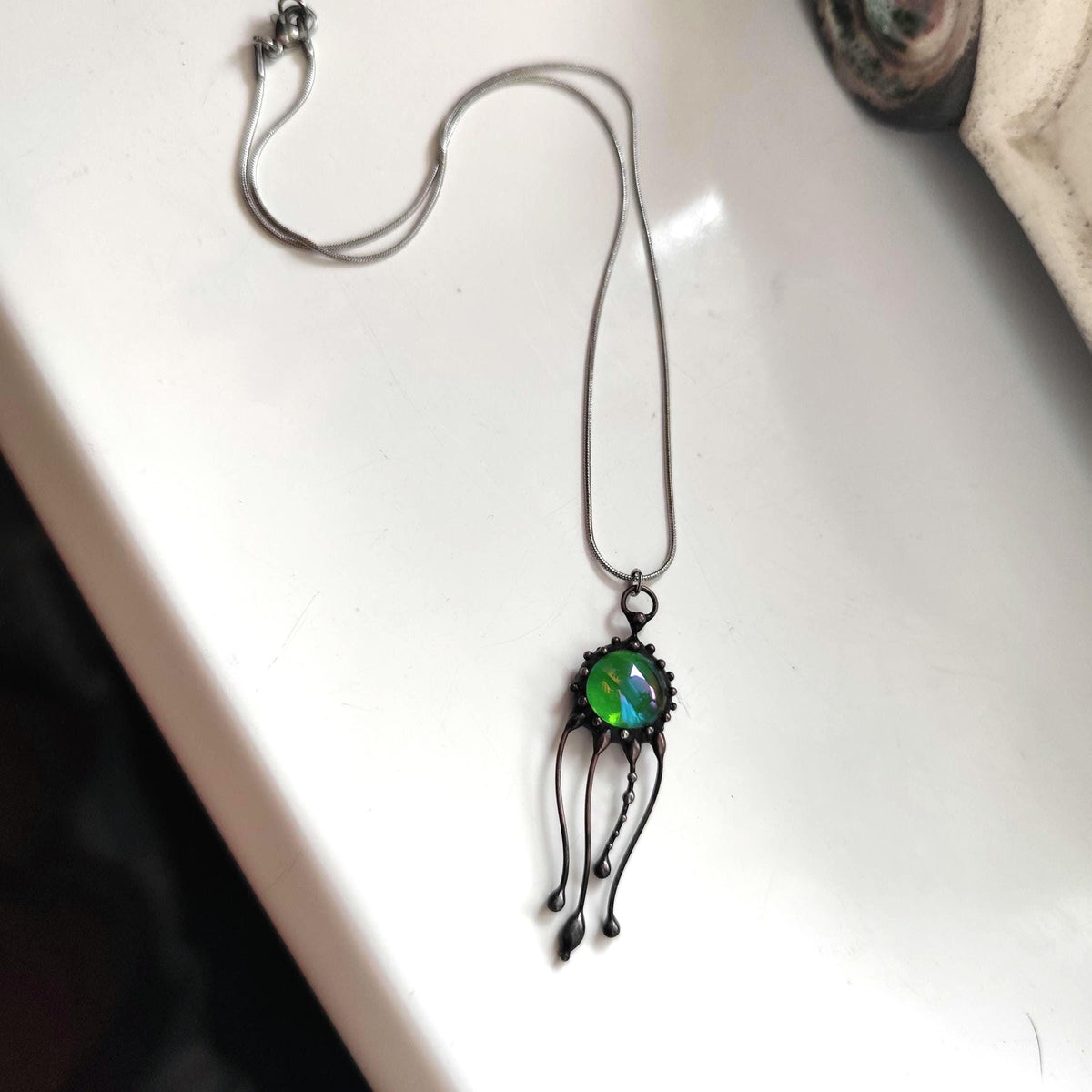 Green Glass Jellyfish Necklace – Blackened Copper