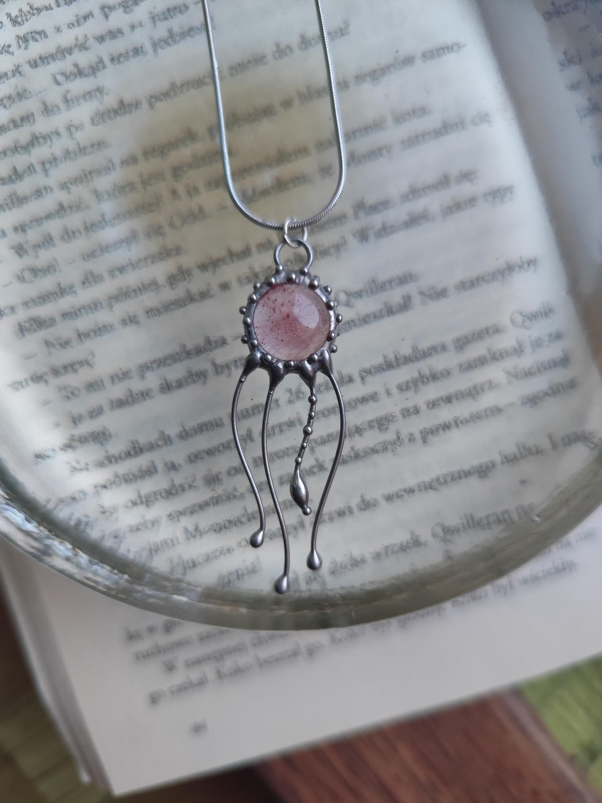 Pink Quartz Jellyfish Pendant Necklace – Silver Tone