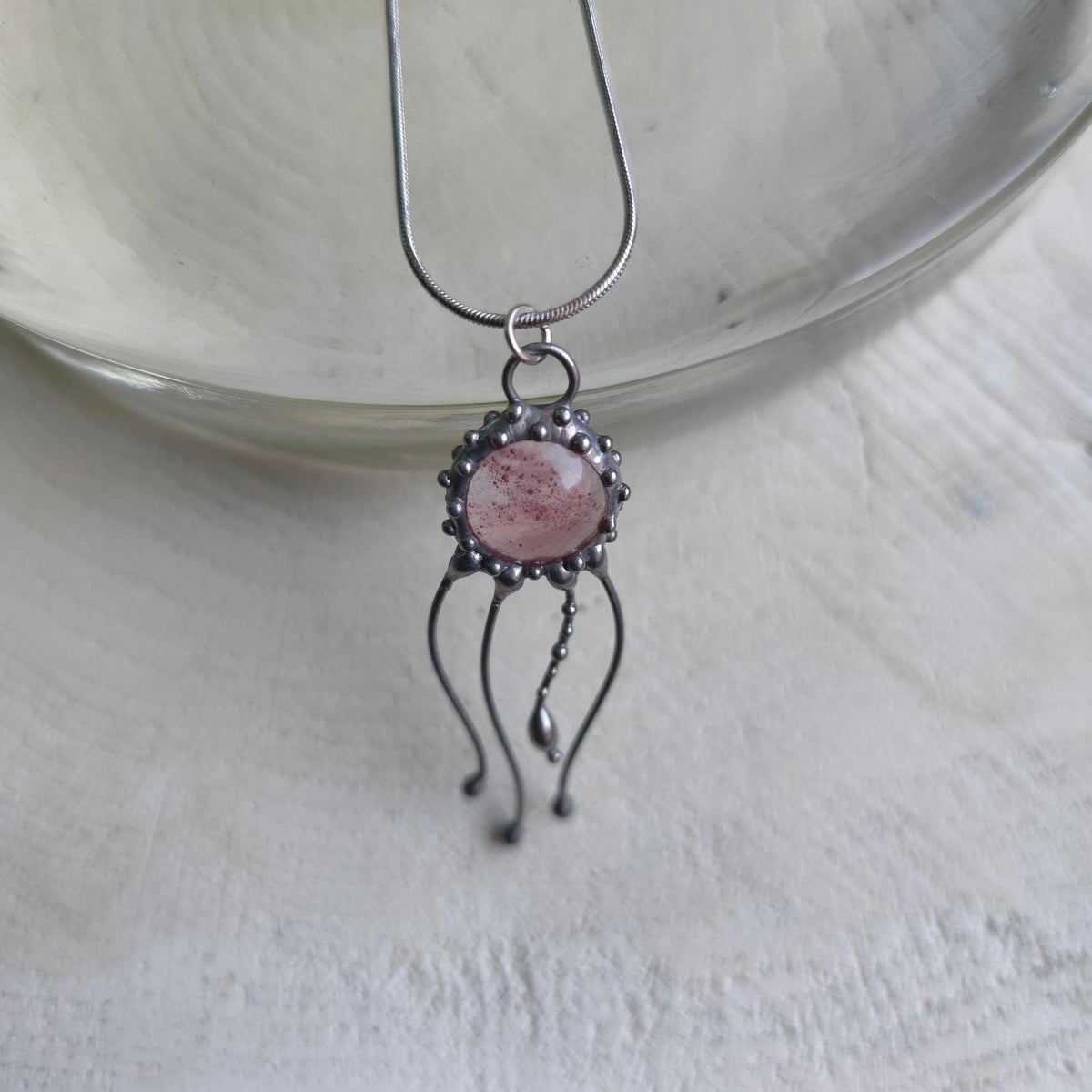 Pink Quartz Jellyfish Pendant Necklace – Silver Tone
