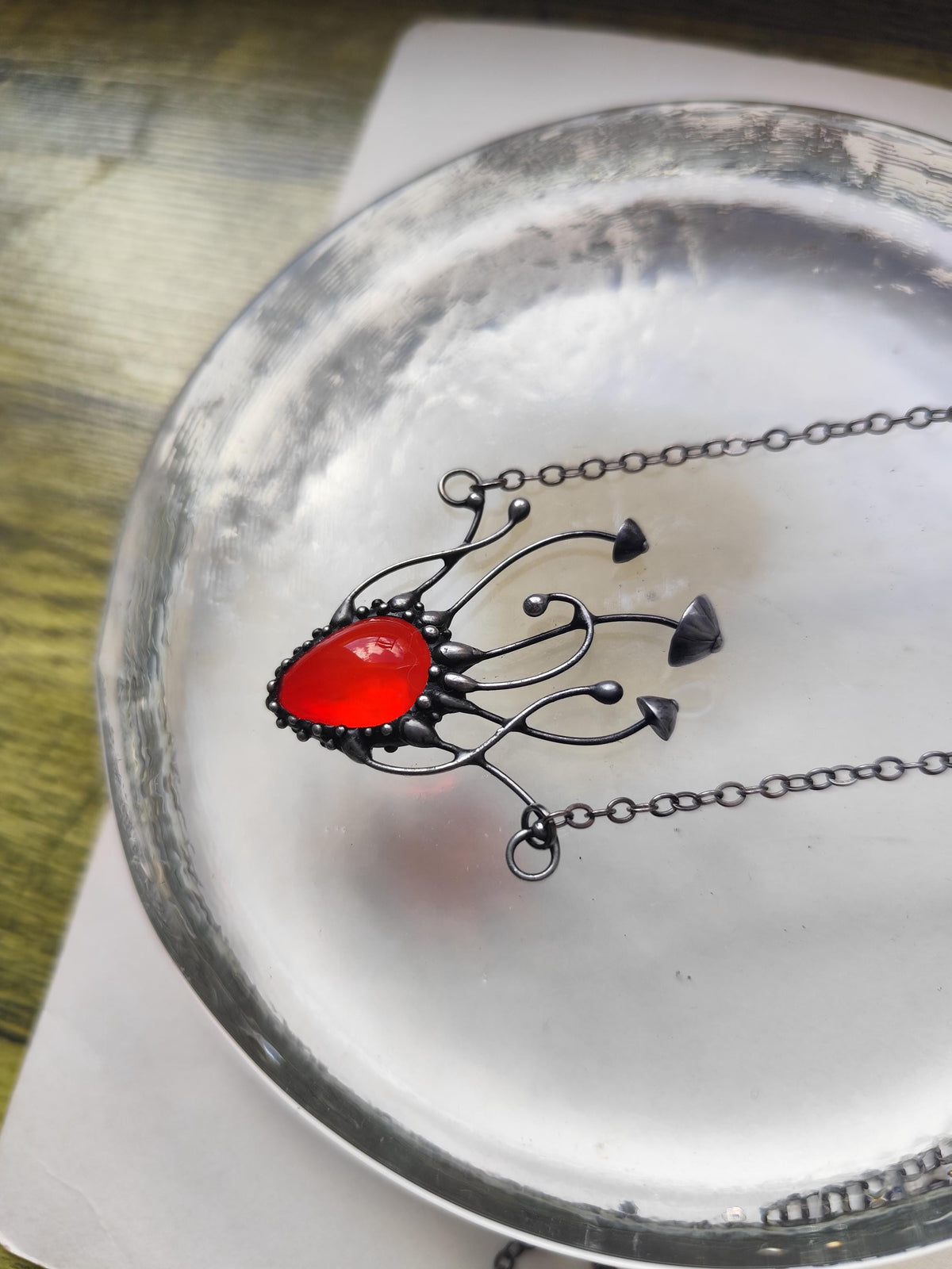Red Glass Mushroom Necklace – Blackened Copper Forest Pendant – Sculptural Fungi