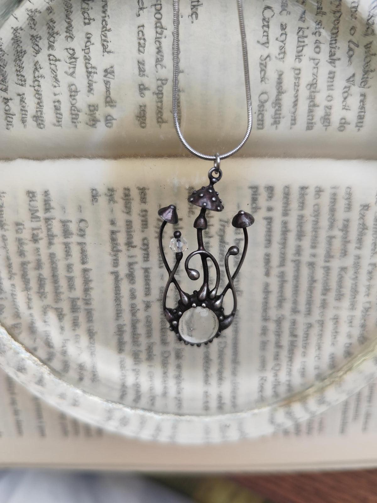 Clear Glass Mushroom Necklace – Silver Tone
