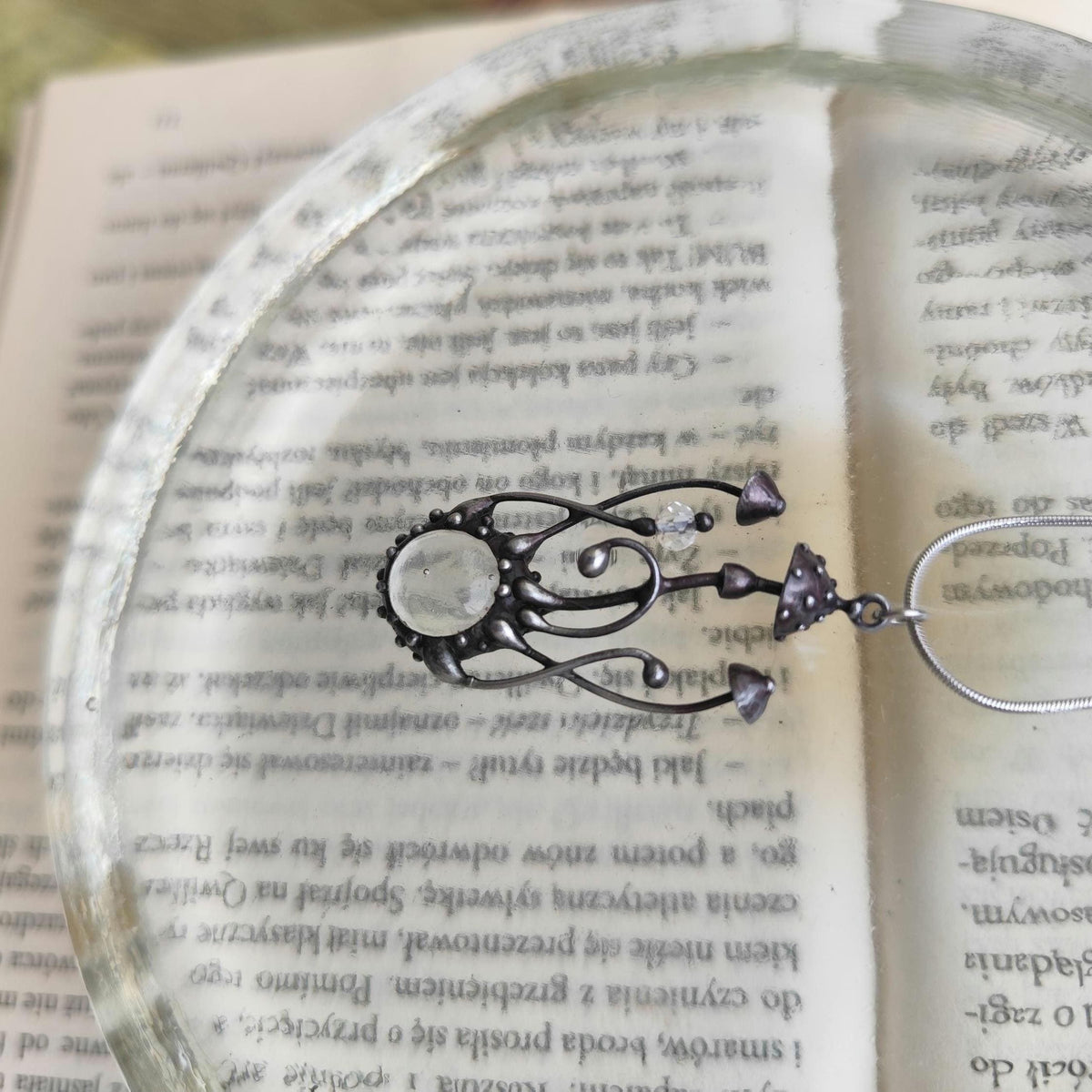 Clear Glass Mushroom Necklace – Silver Tone