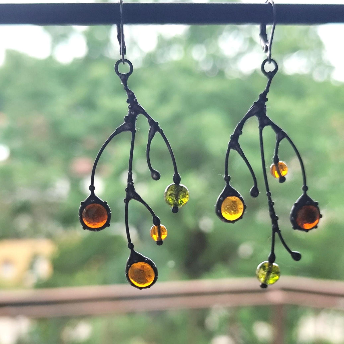 Black Kiln-Fused Glass Branch Asymmetrical Earrings – Copper & Pewter
