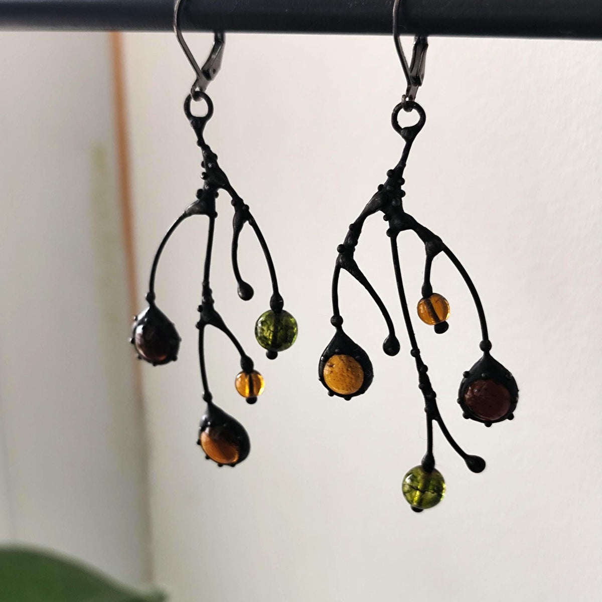 Black Kiln-Fused Glass Branch Asymmetrical Earrings – Copper & Pewter