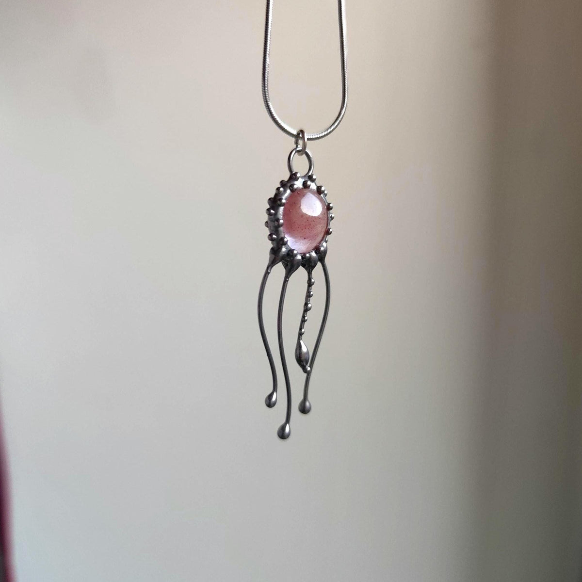 Pink Quartz Jellyfish Pendant Necklace – Silver Tone