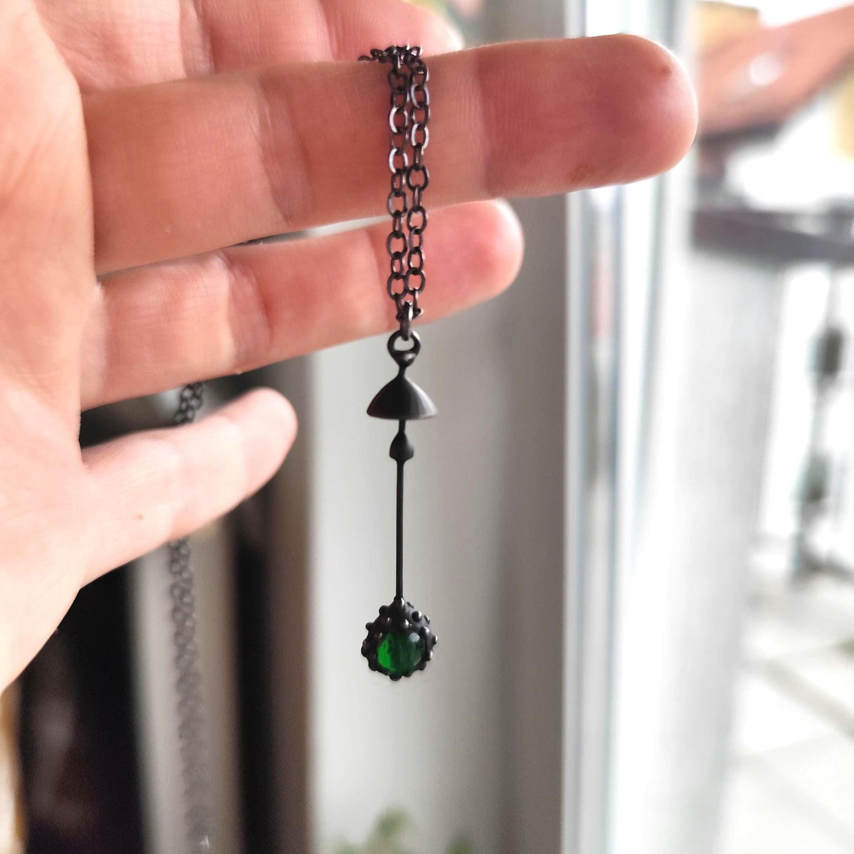 Green Glass Mushroom Necklace – Blackened Copper Long Stem Pendant – Minimalist Forest