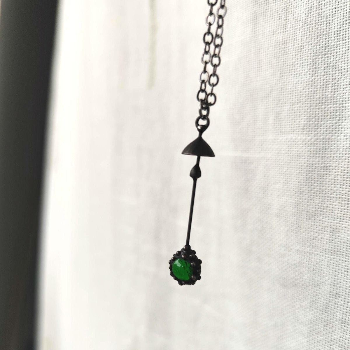 Green Glass Mushroom Necklace – Blackened Copper Long Stem Pendant – Minimalist Forest