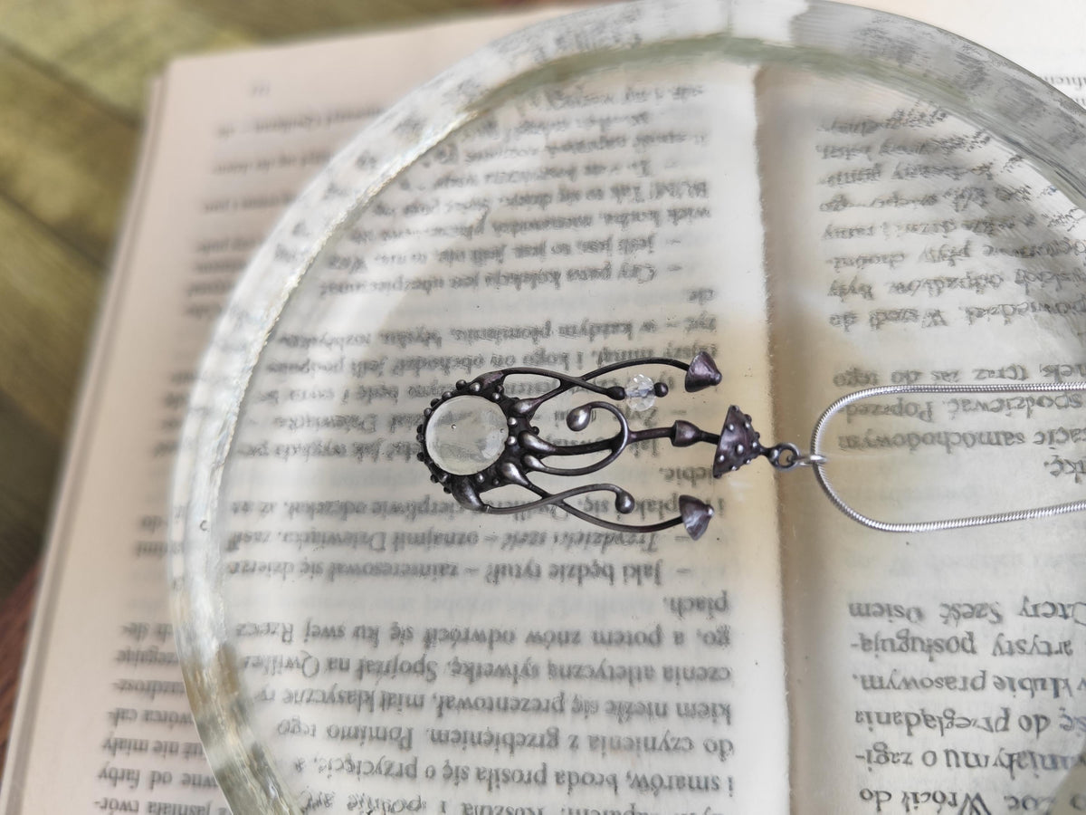 Clear Glass Amanita Mushroom Necklace – Silver Tone