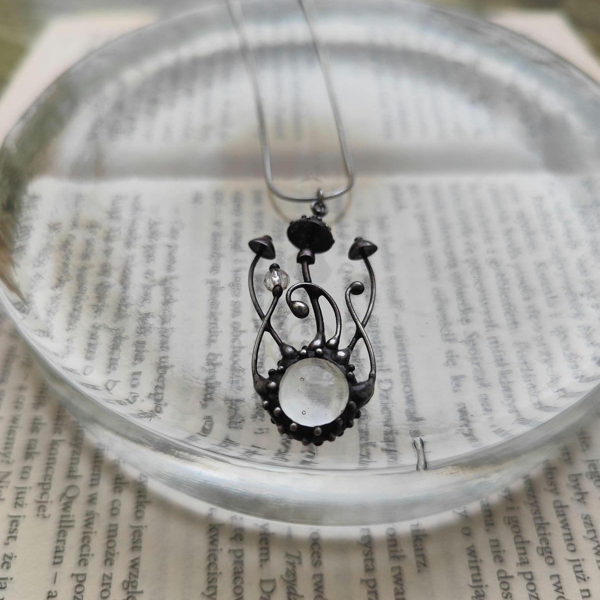 Clear Glass Amanita Mushroom Necklace – Silver Tone