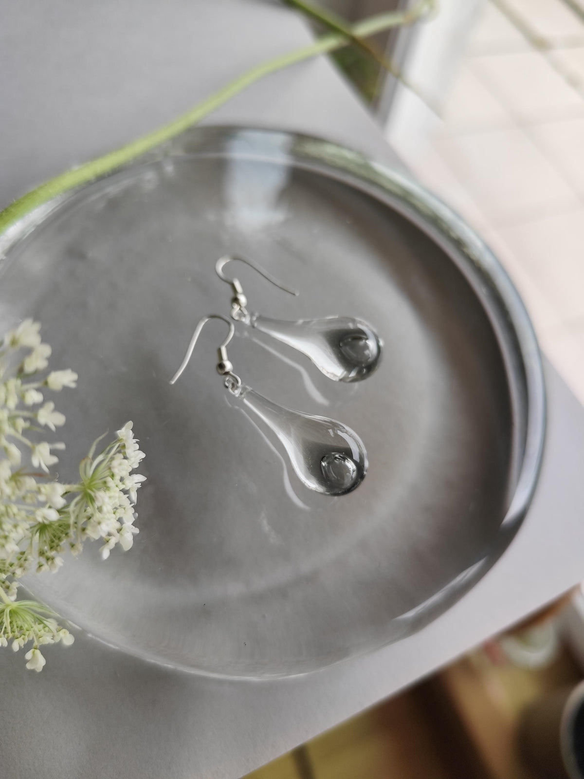 Handblown Clear Glass Teardrop Earrings with Loop Detail