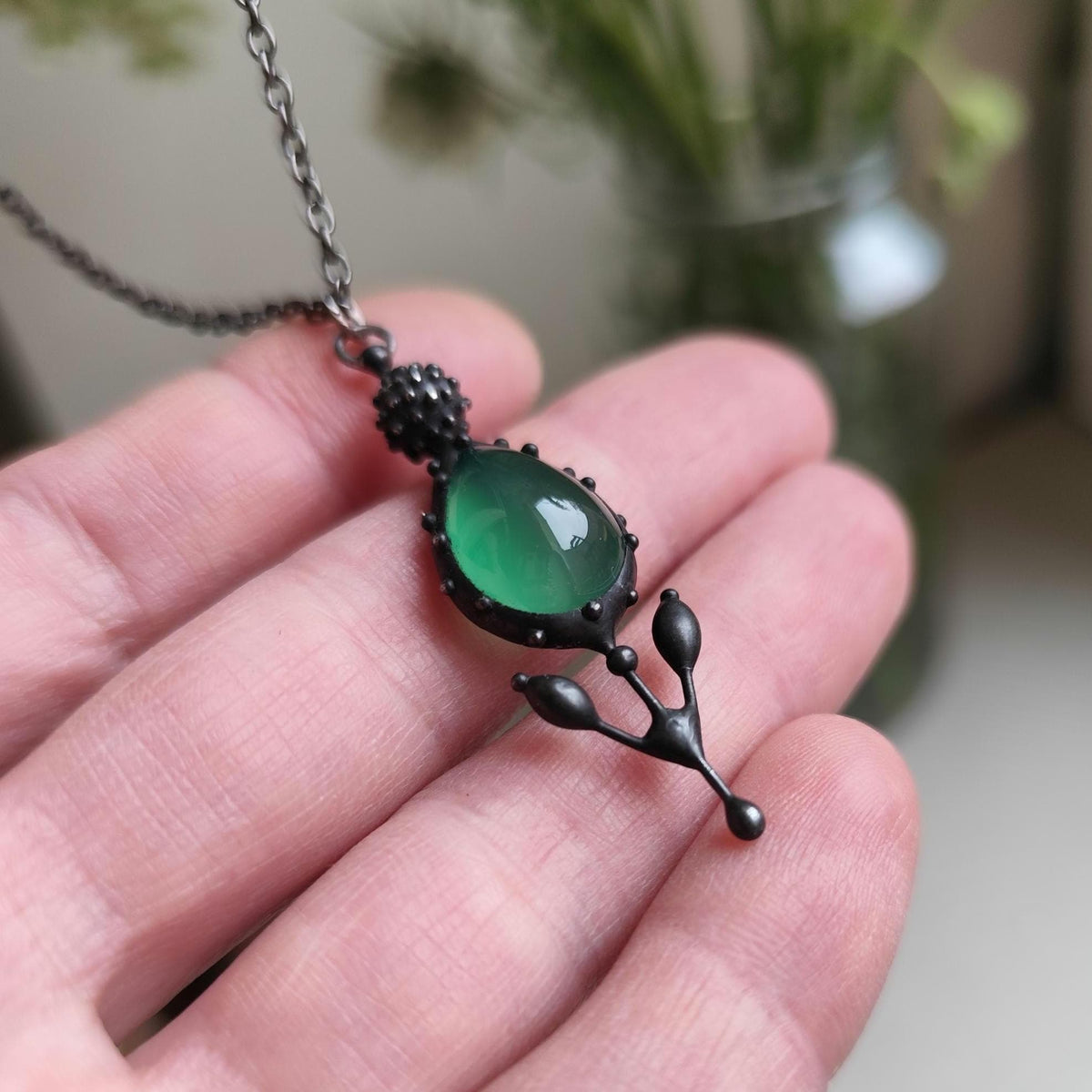 Green Agate Flower Pendant Necklace – Blackened Copper