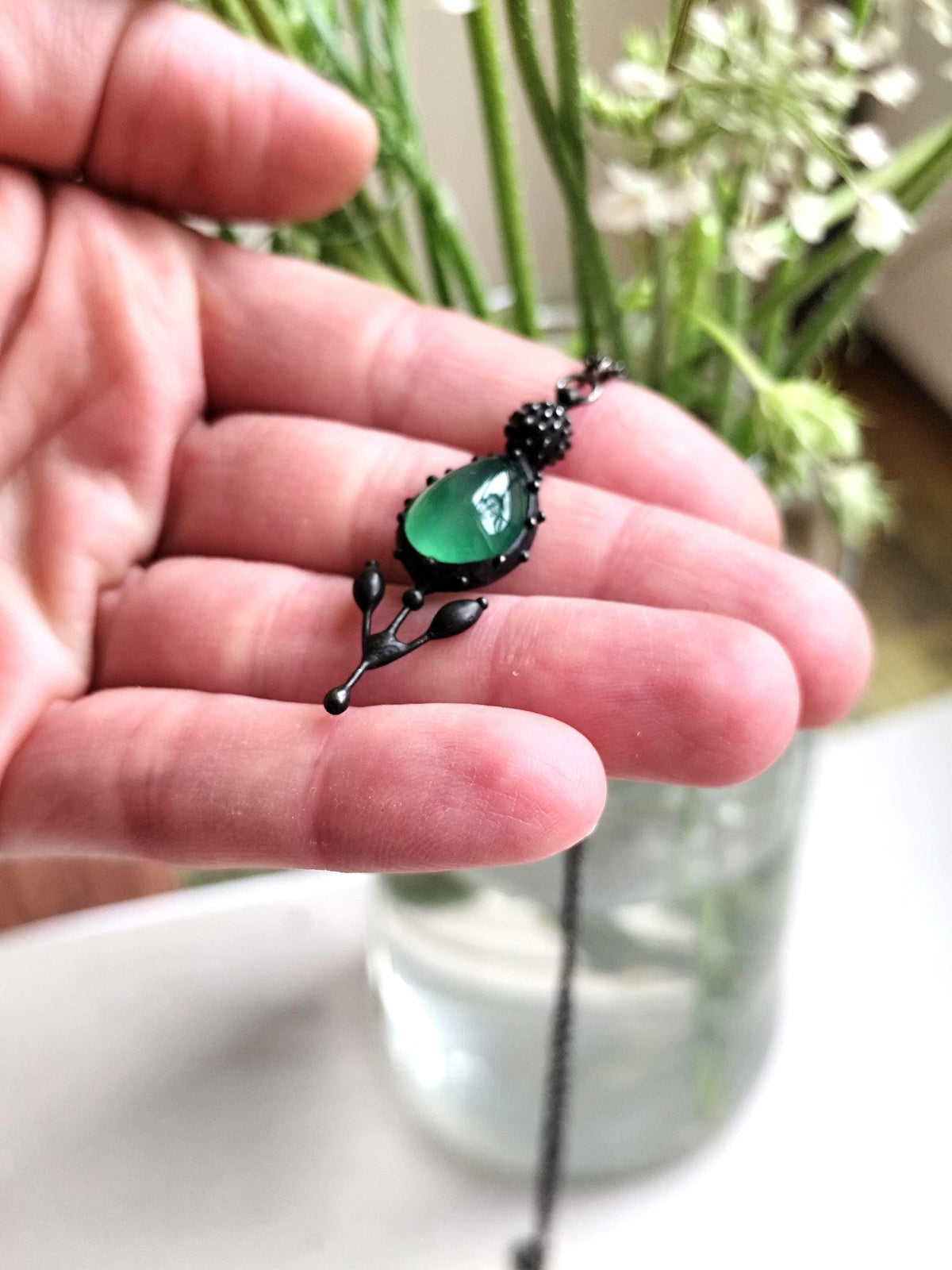 Green Agate Flower Pendant Necklace – Blackened Copper