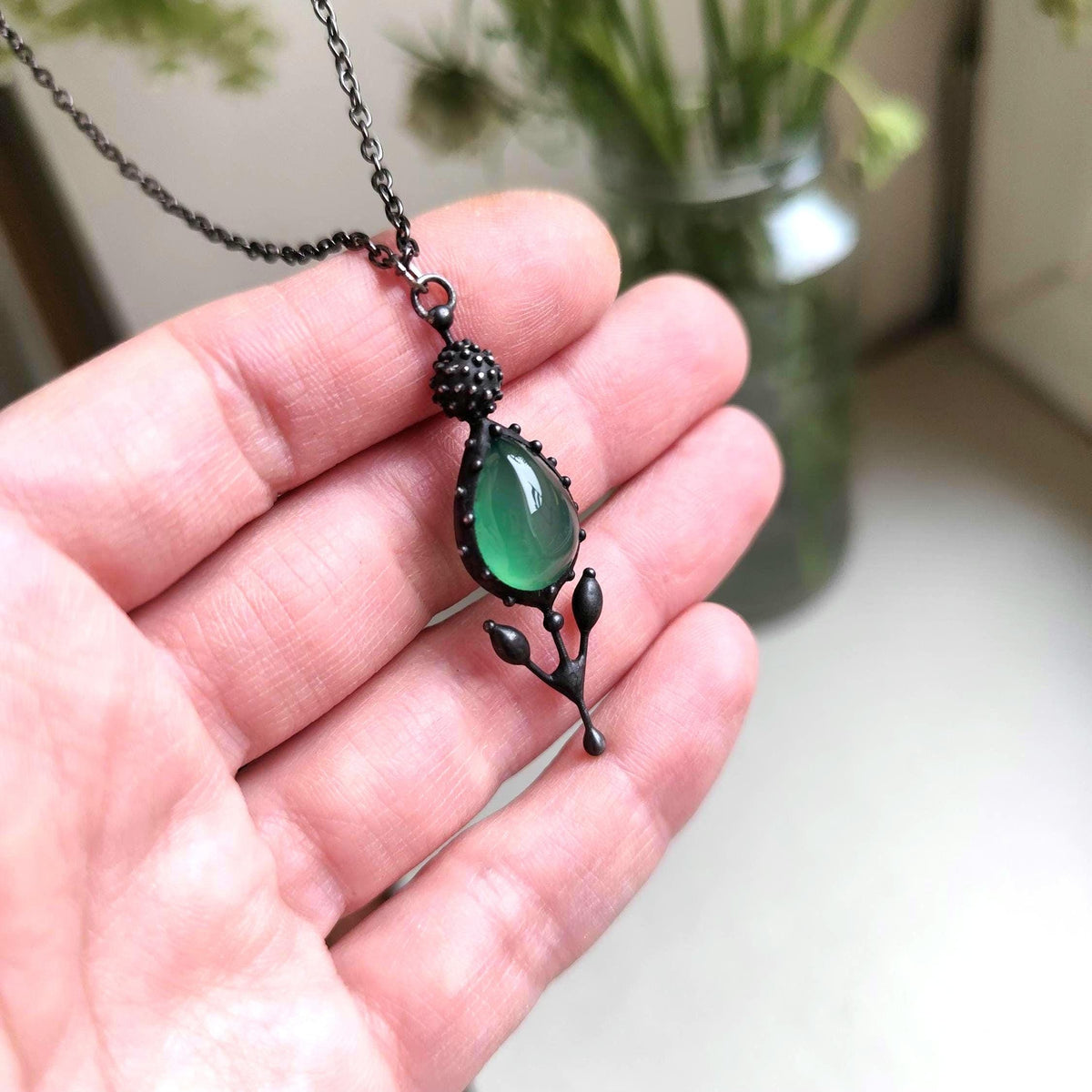 Green Agate Flower Pendant Necklace – Blackened Copper