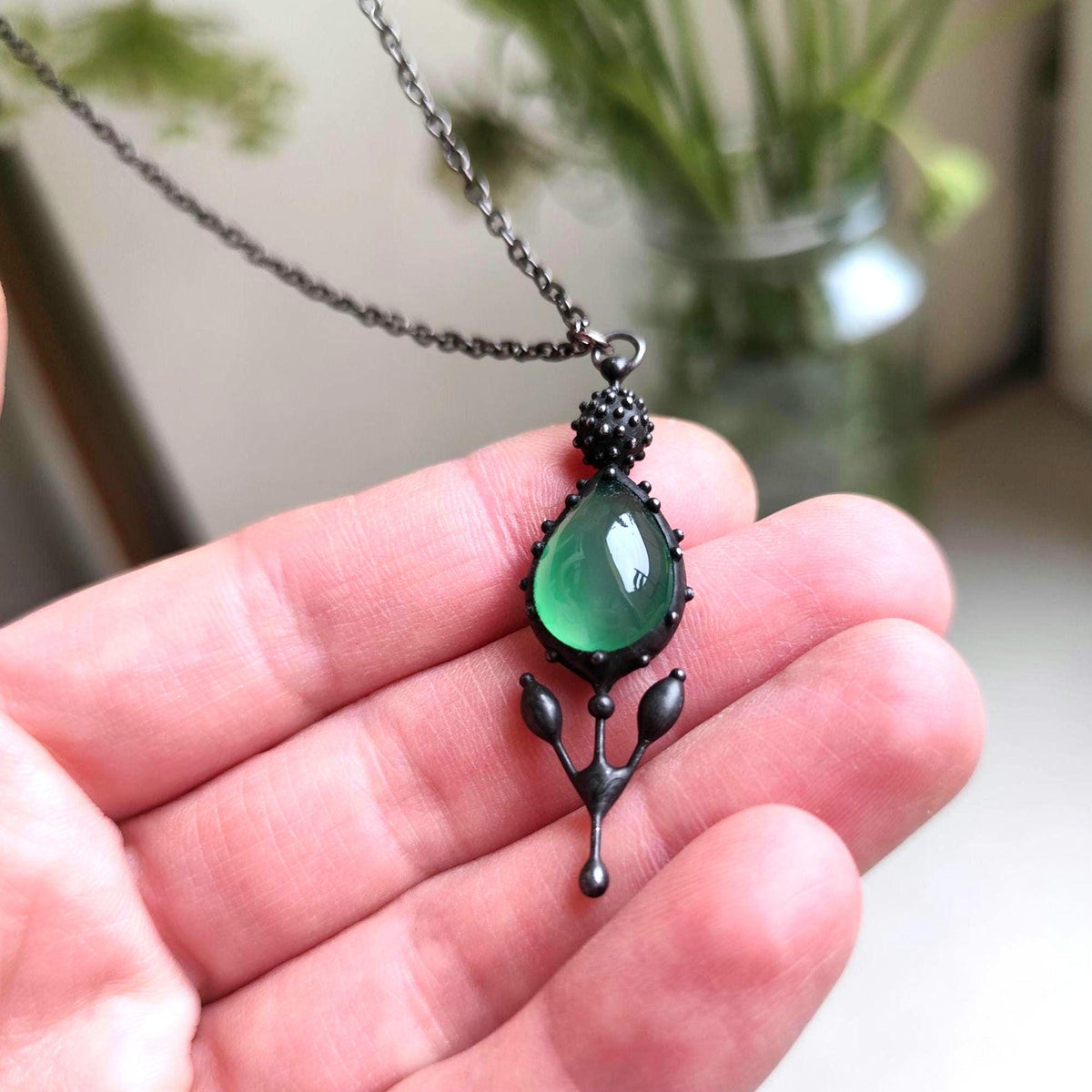 Green Agate Flower Pendant Necklace – Blackened Copper