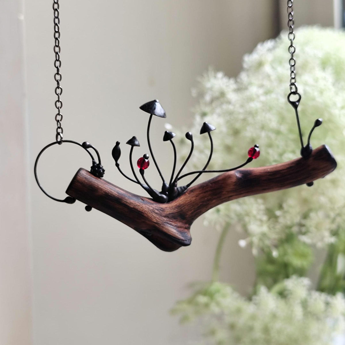 Wood Mushroom Necklace with Red Glass