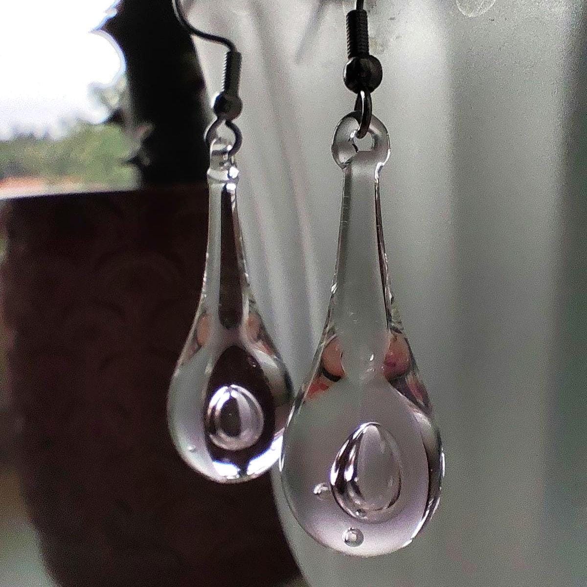 Handblown Clear and Pink Glass Teardrop Earrings