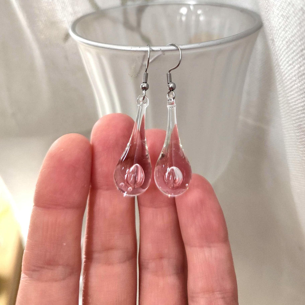Handblown Clear and Pink Glass Teardrop Earrings