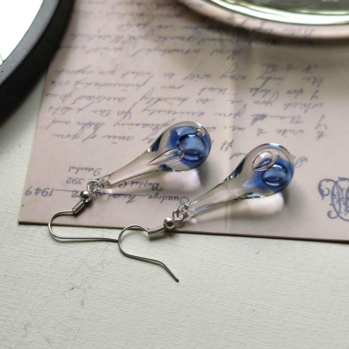 Handblown Blue Swirl Glass Teardrop Earrings