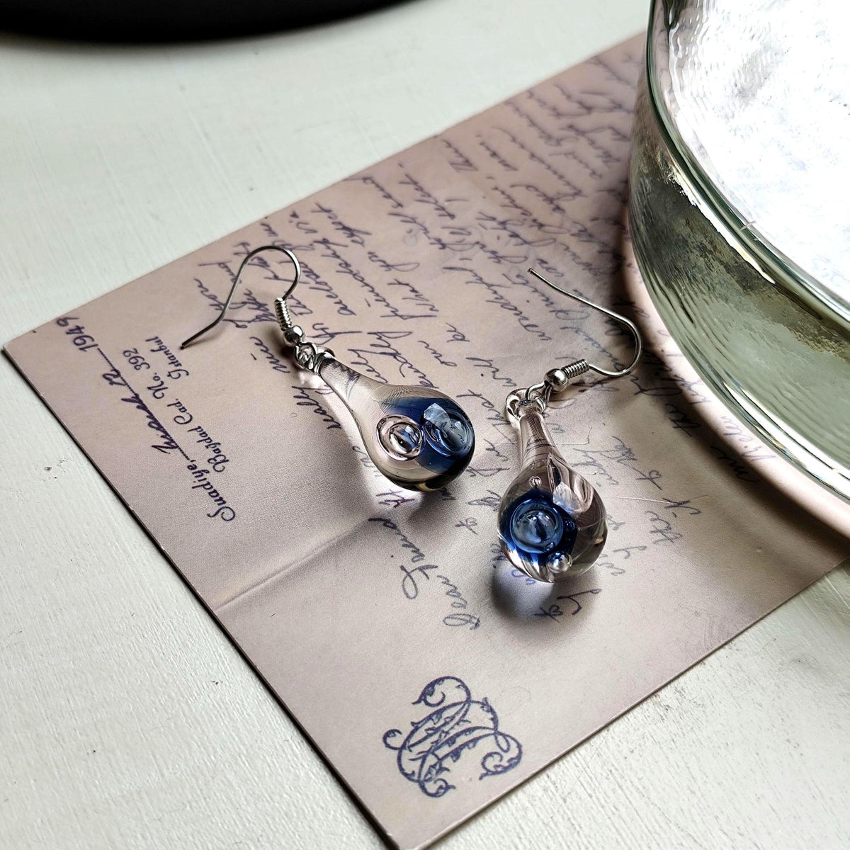 Handblown Blue Swirl Glass Teardrop Earrings