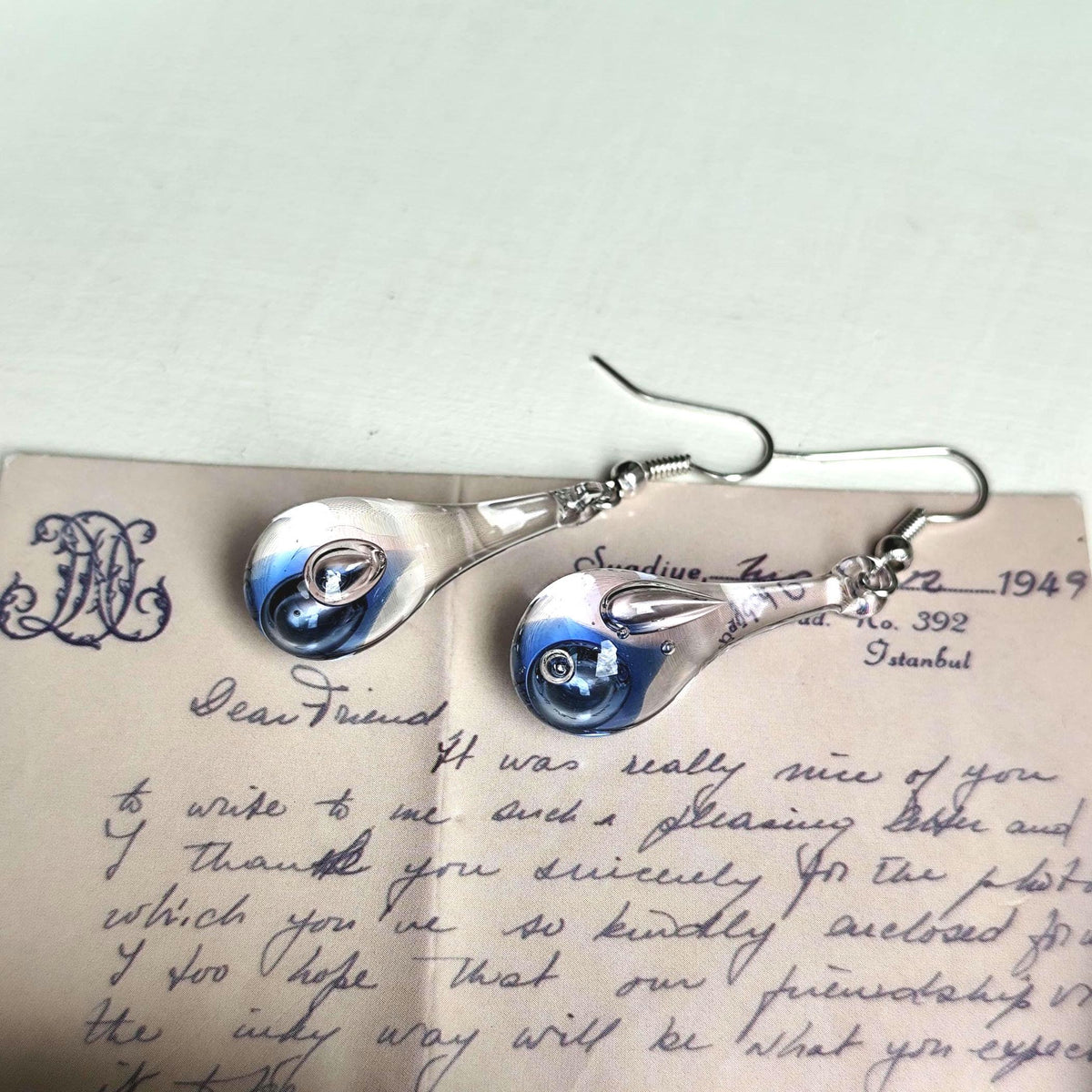 Handblown Blue Swirl Glass Teardrop Earrings