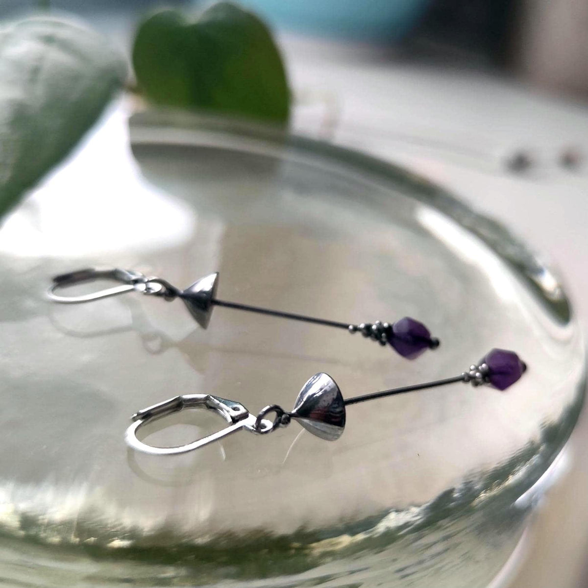 Amethyst Mushroom Earrings – Silver Tone