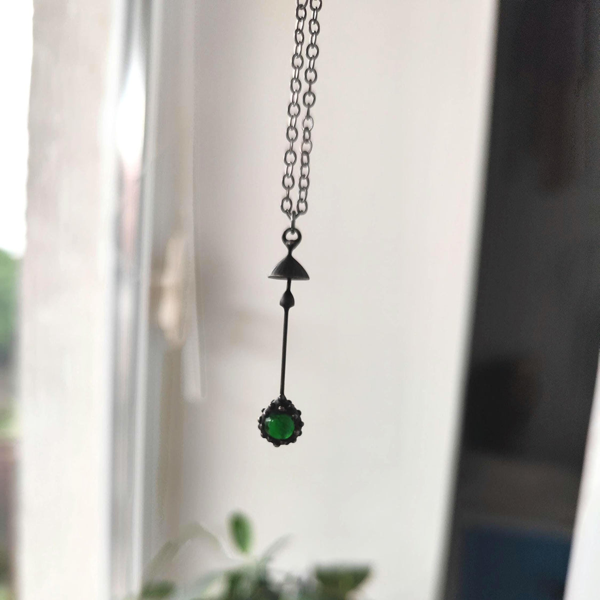 Green Glass Mushroom Necklace – Blackened Copper Long Stem Pendant – Minimalist Forest