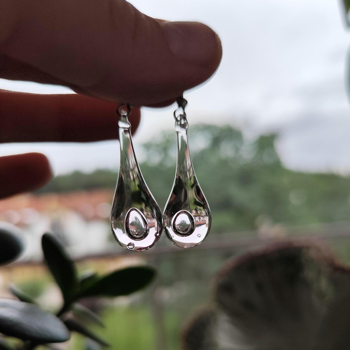 Handblown Clear and Pink Glass Teardrop Earrings