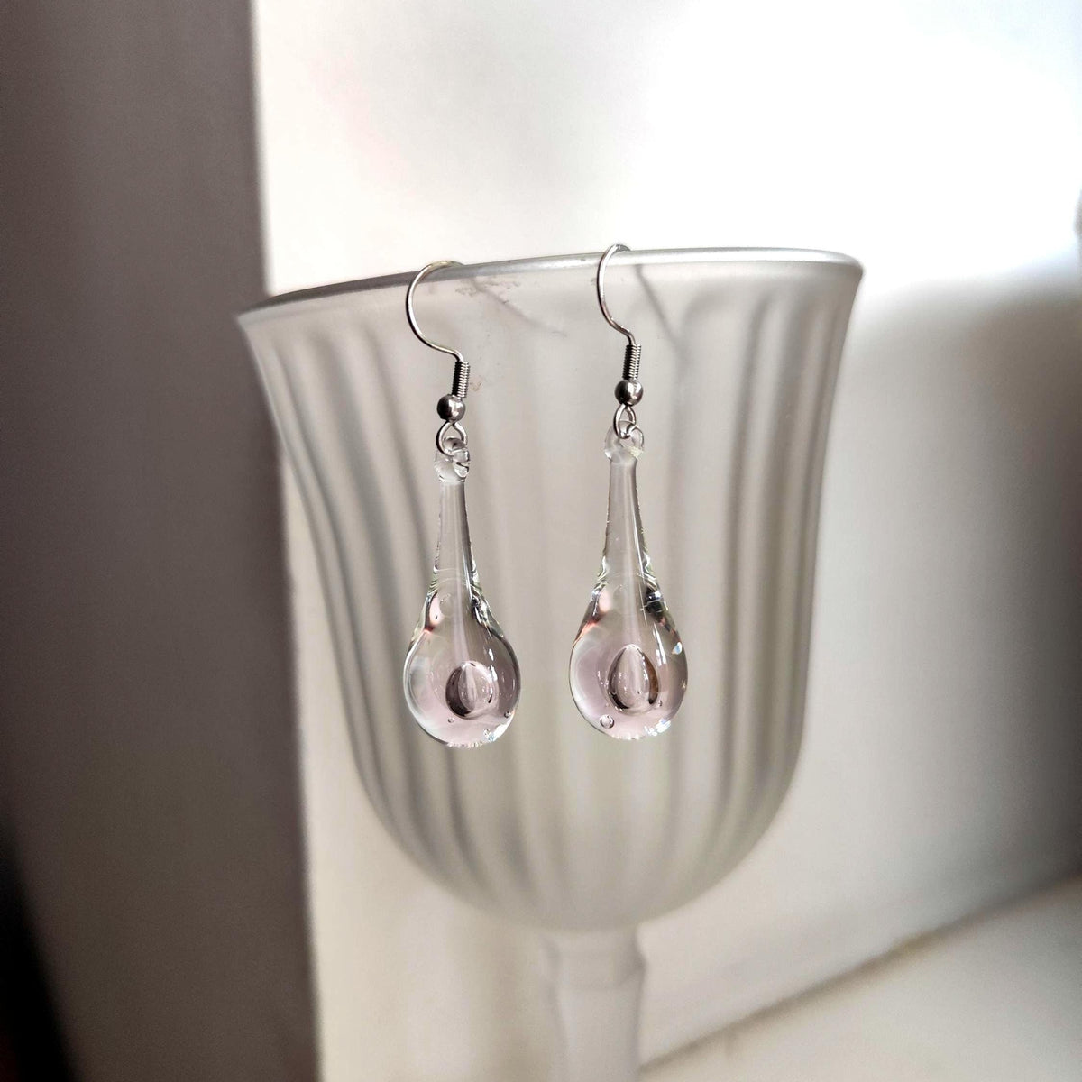 Handblown Clear and Pink Glass Teardrop Earrings