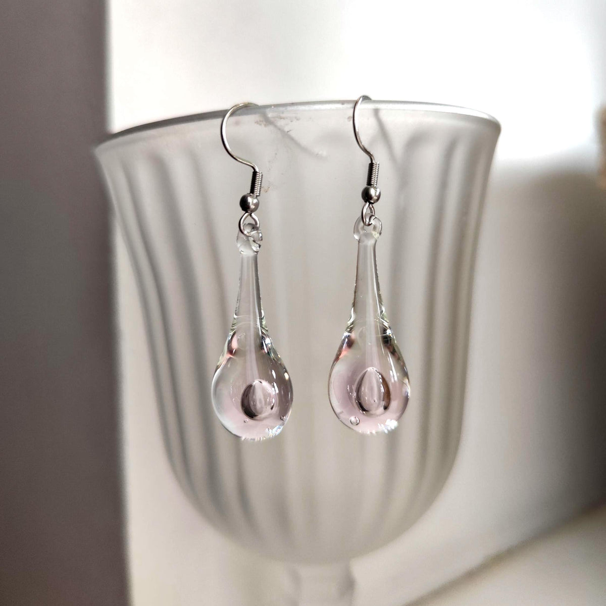 Handblown Clear and Pink Glass Teardrop Earrings