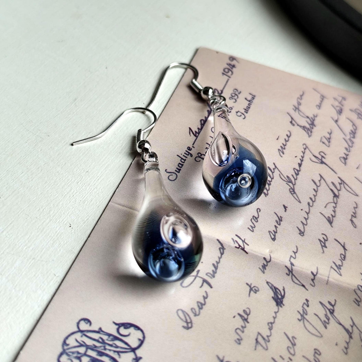 Handblown Blue Swirl Glass Teardrop Earrings