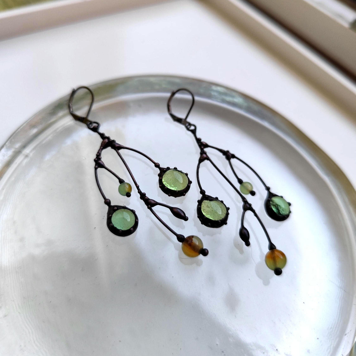 Clear Green Glass Branch Earrings – Blackened Copper