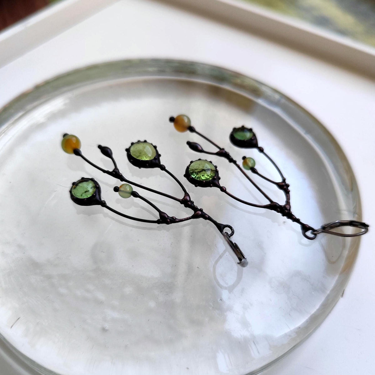 Clear Green Glass Branch Earrings – Blackened Copper