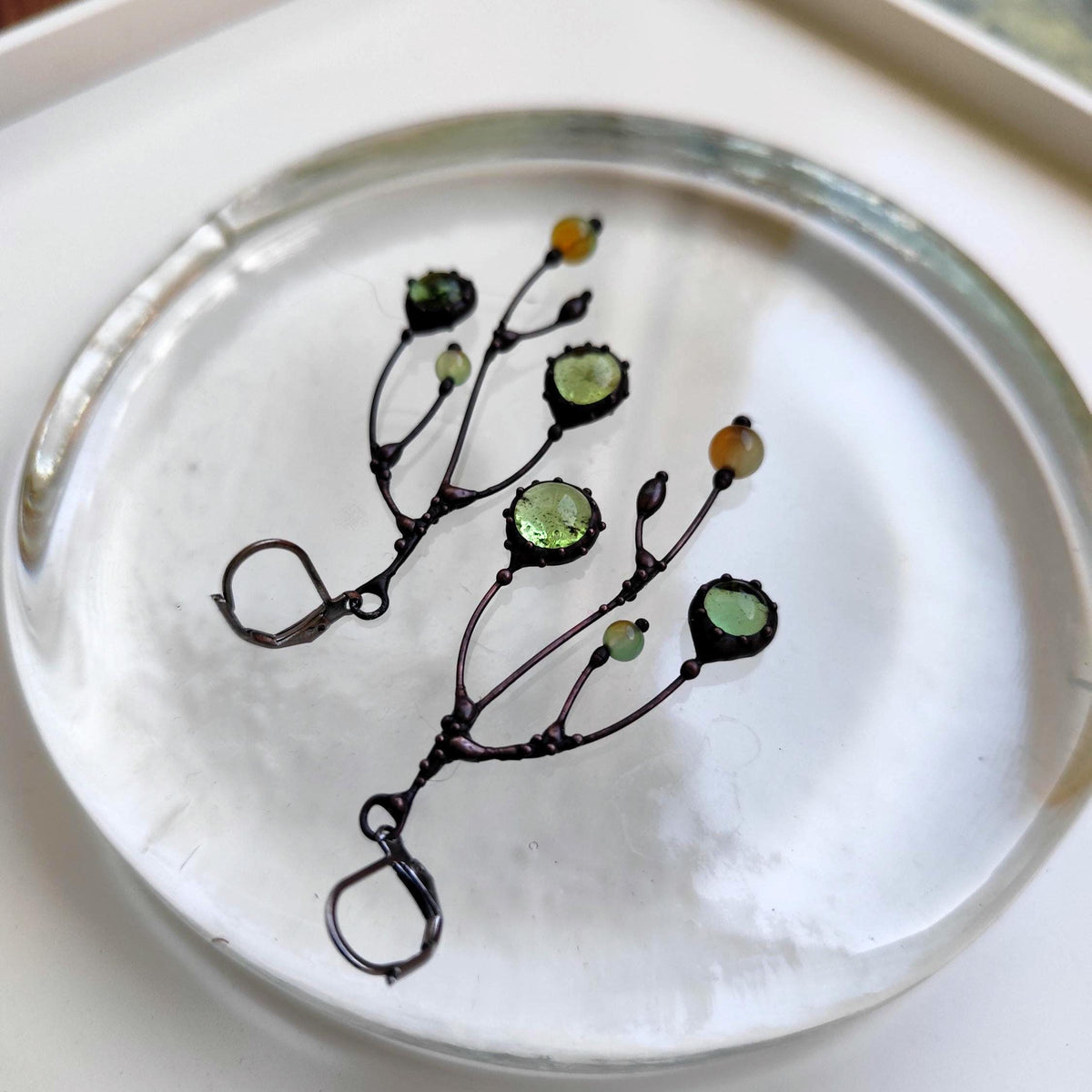 Clear Green Glass Branch Earrings – Blackened Copper