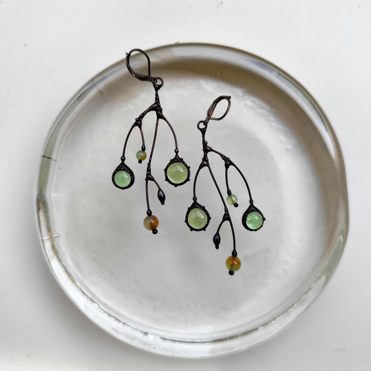 Clear Green Glass Branch Earrings – Blackened Copper
