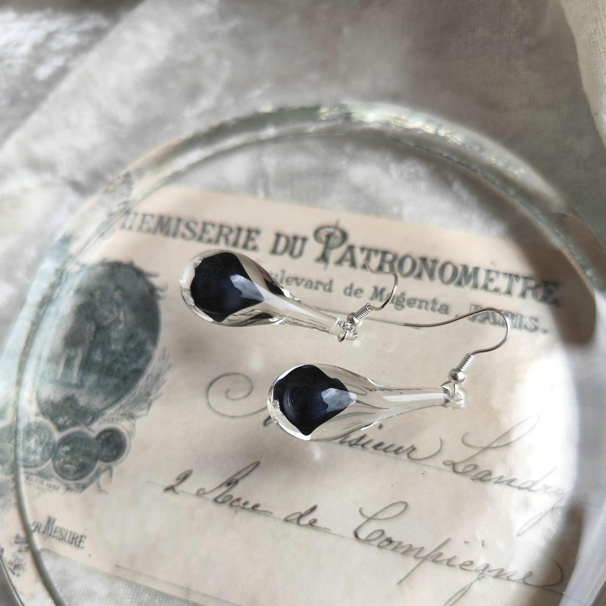 Handblown Black and Clear Glass Teardrop Earrings