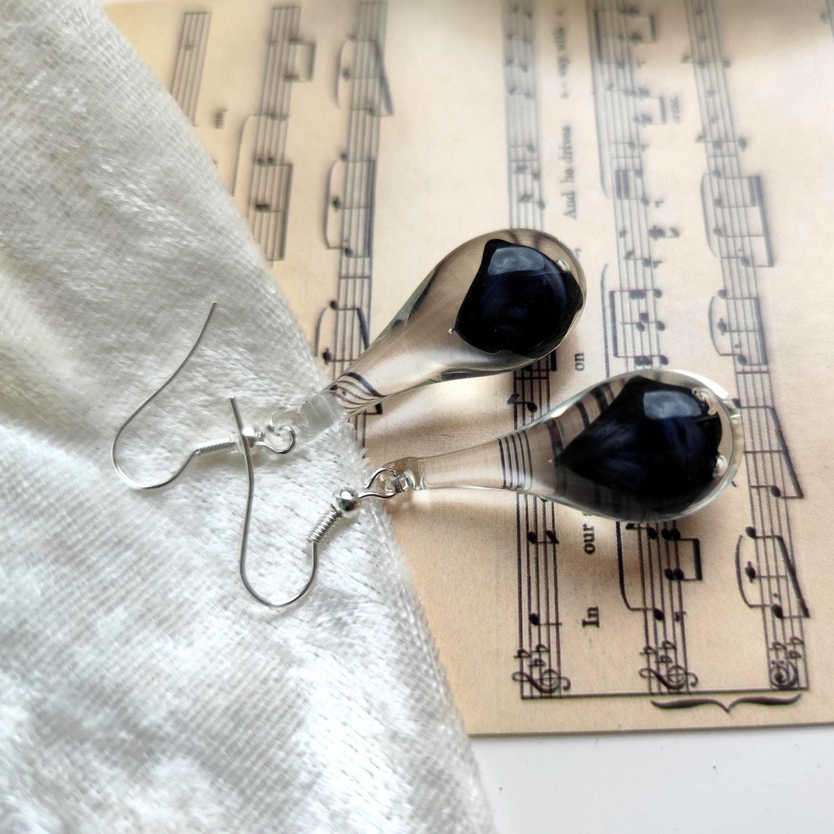 Handblown Black and Clear Glass Teardrop Earrings