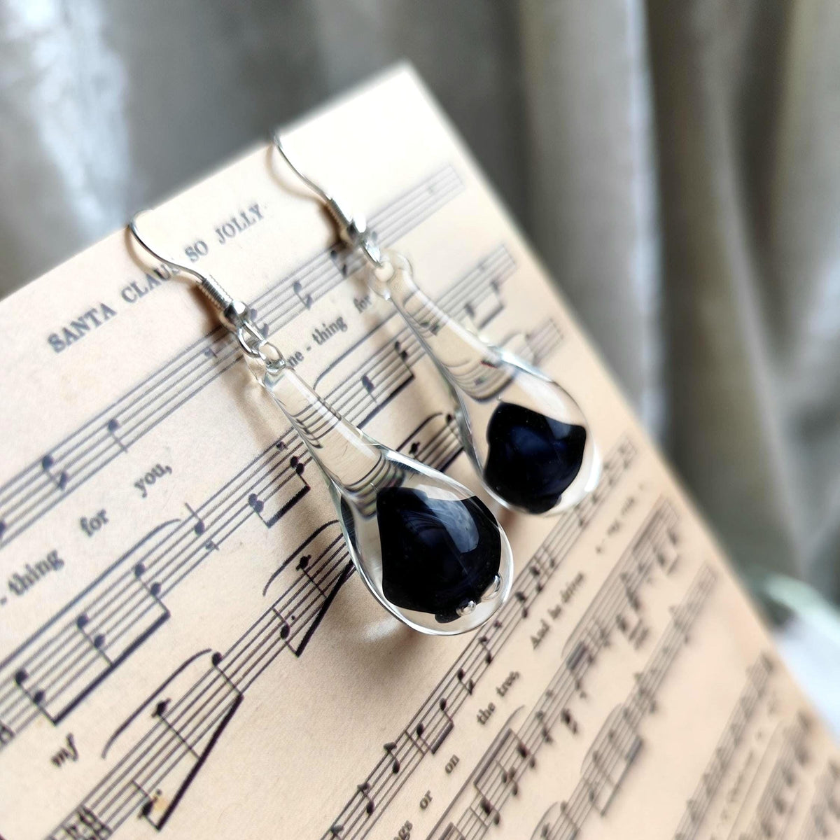 Handblown Black and Clear Glass Teardrop Earrings