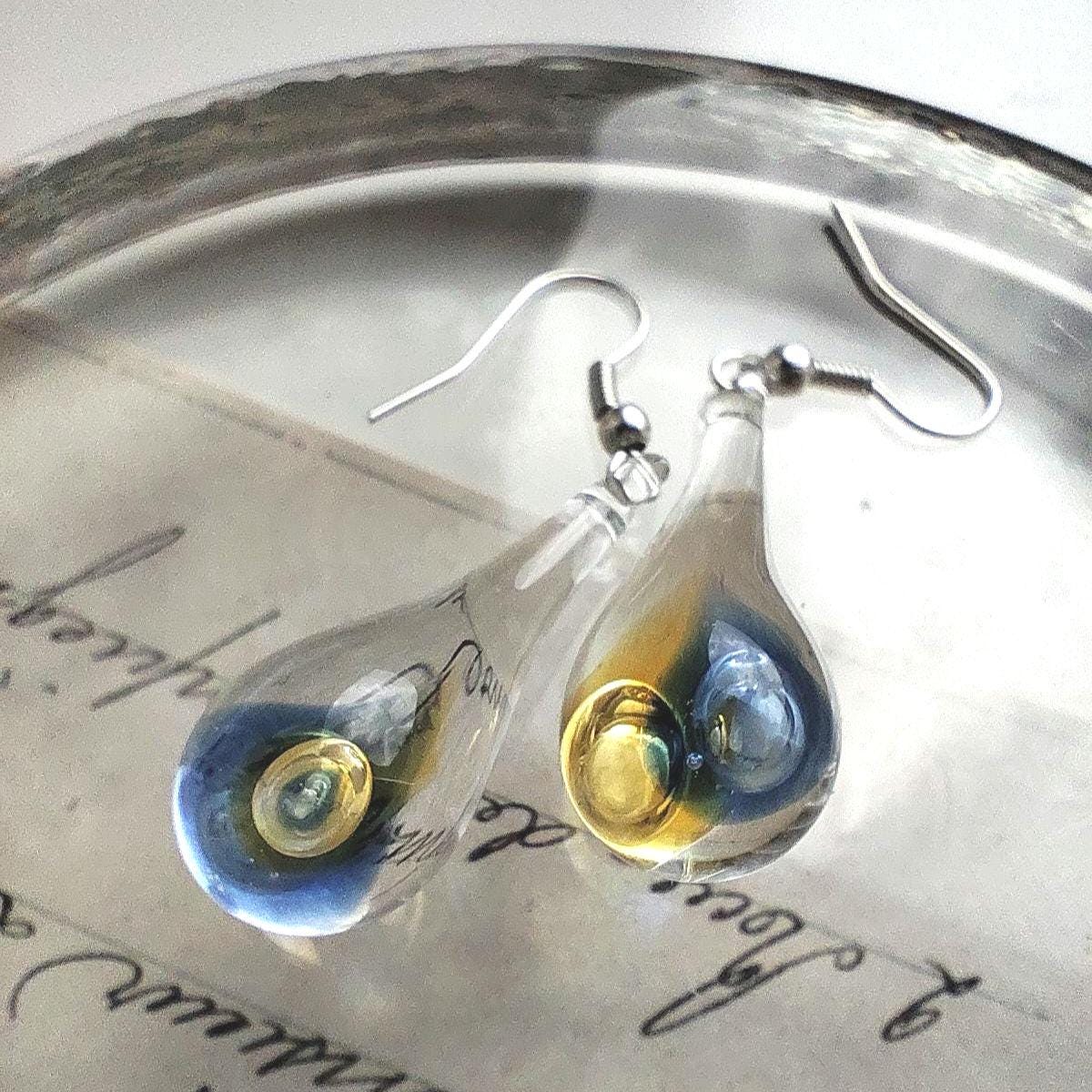 Blue and Amber Glass Drop Earrings