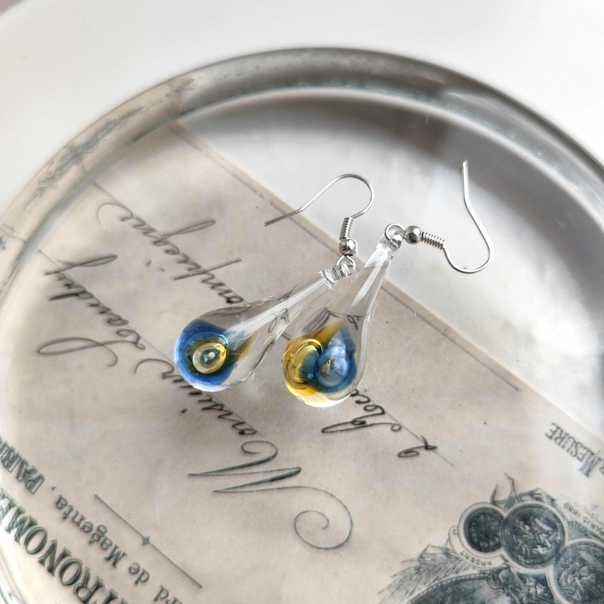 Blue and Amber Glass Drop Earrings