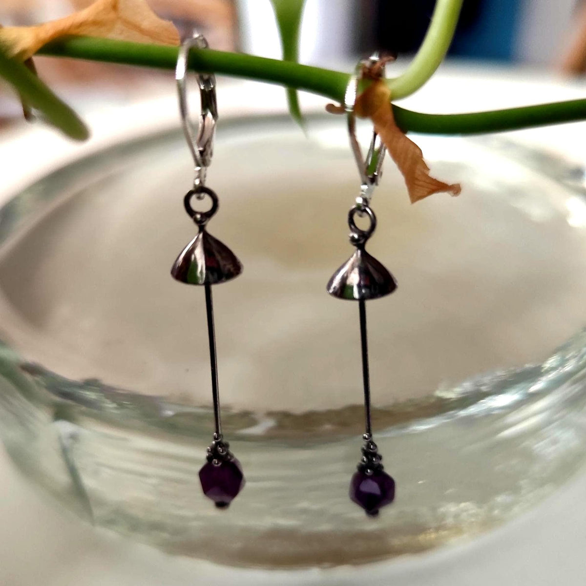 Amethyst Mushroom Earrings – Silver Tone