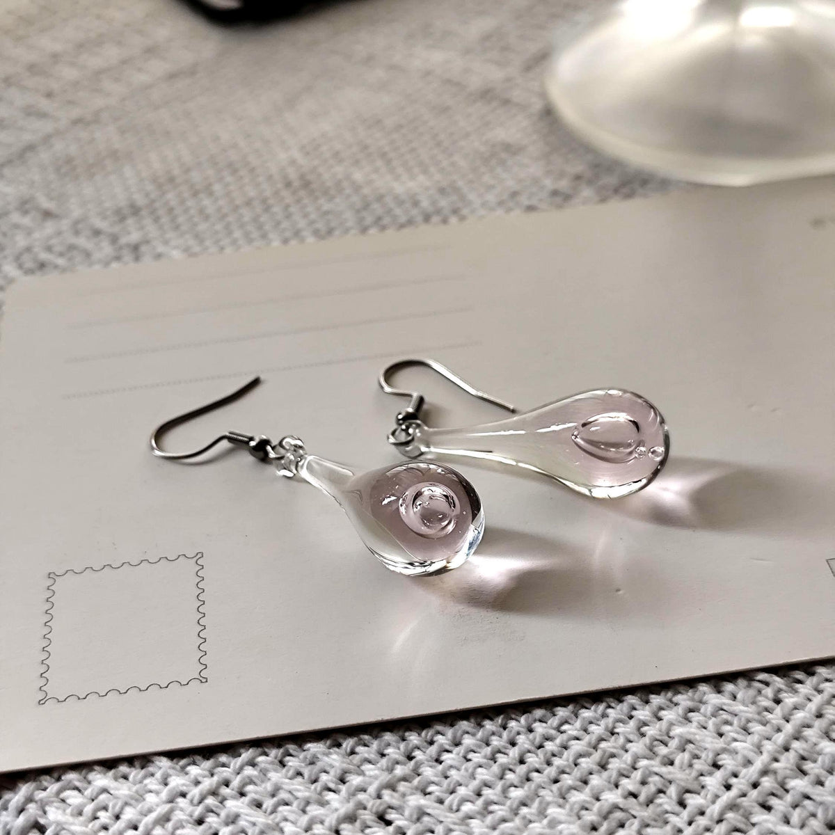 Handblown Clear and Pink Glass Teardrop Earrings