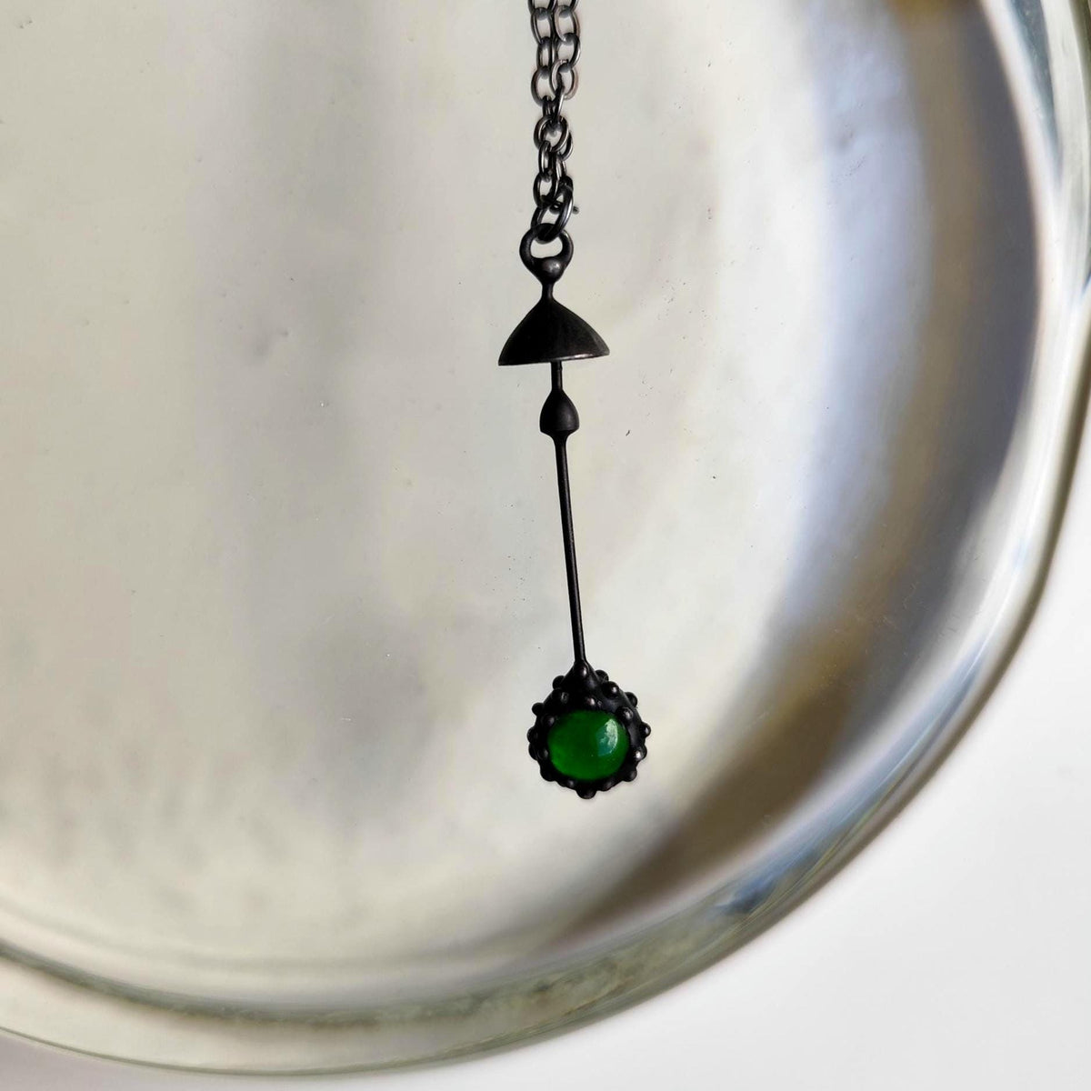 Green Glass Mushroom Necklace – Blackened Copper Long Stem Pendant – Minimalist Forest