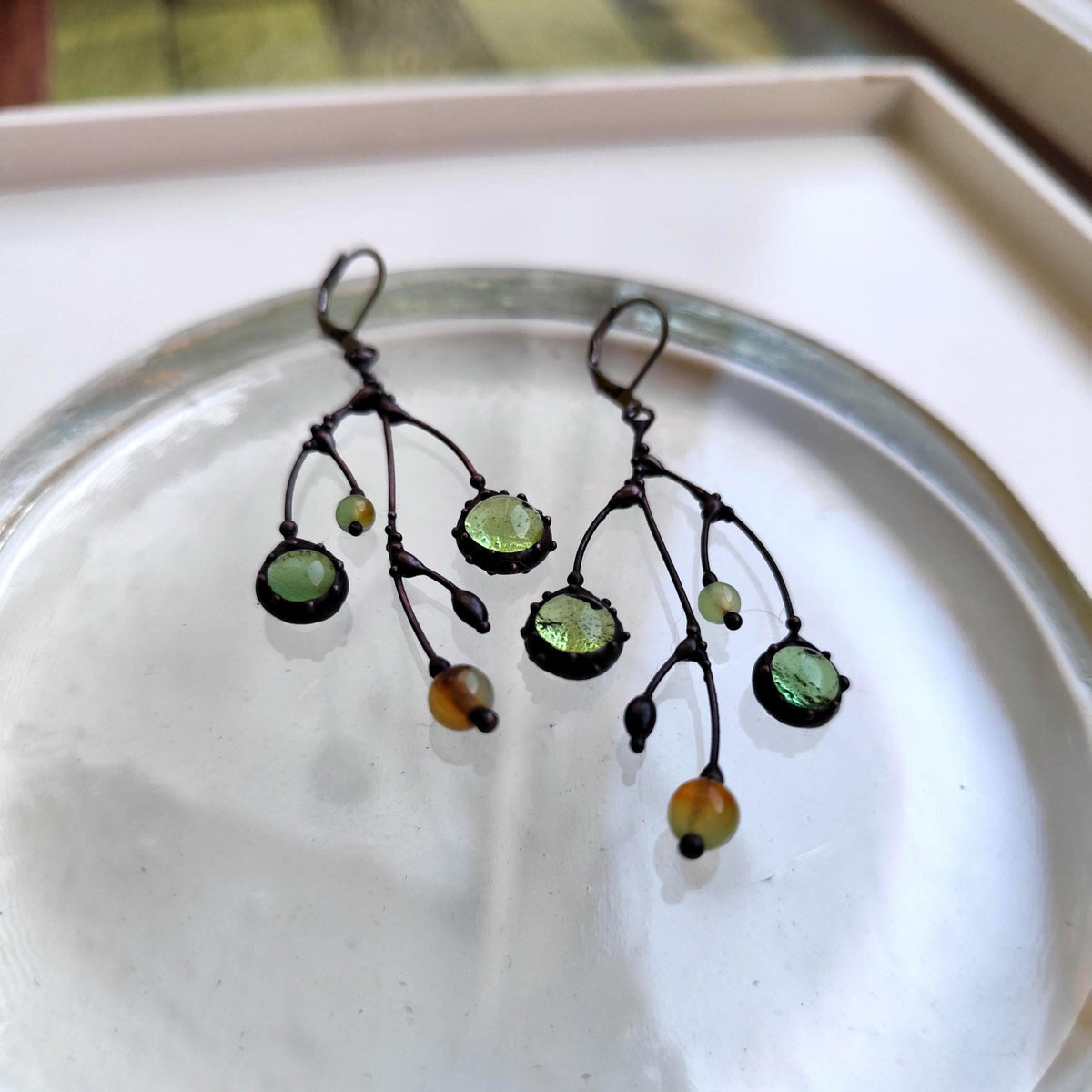 Clear Green Glass Branch Earrings – Blackened Copper