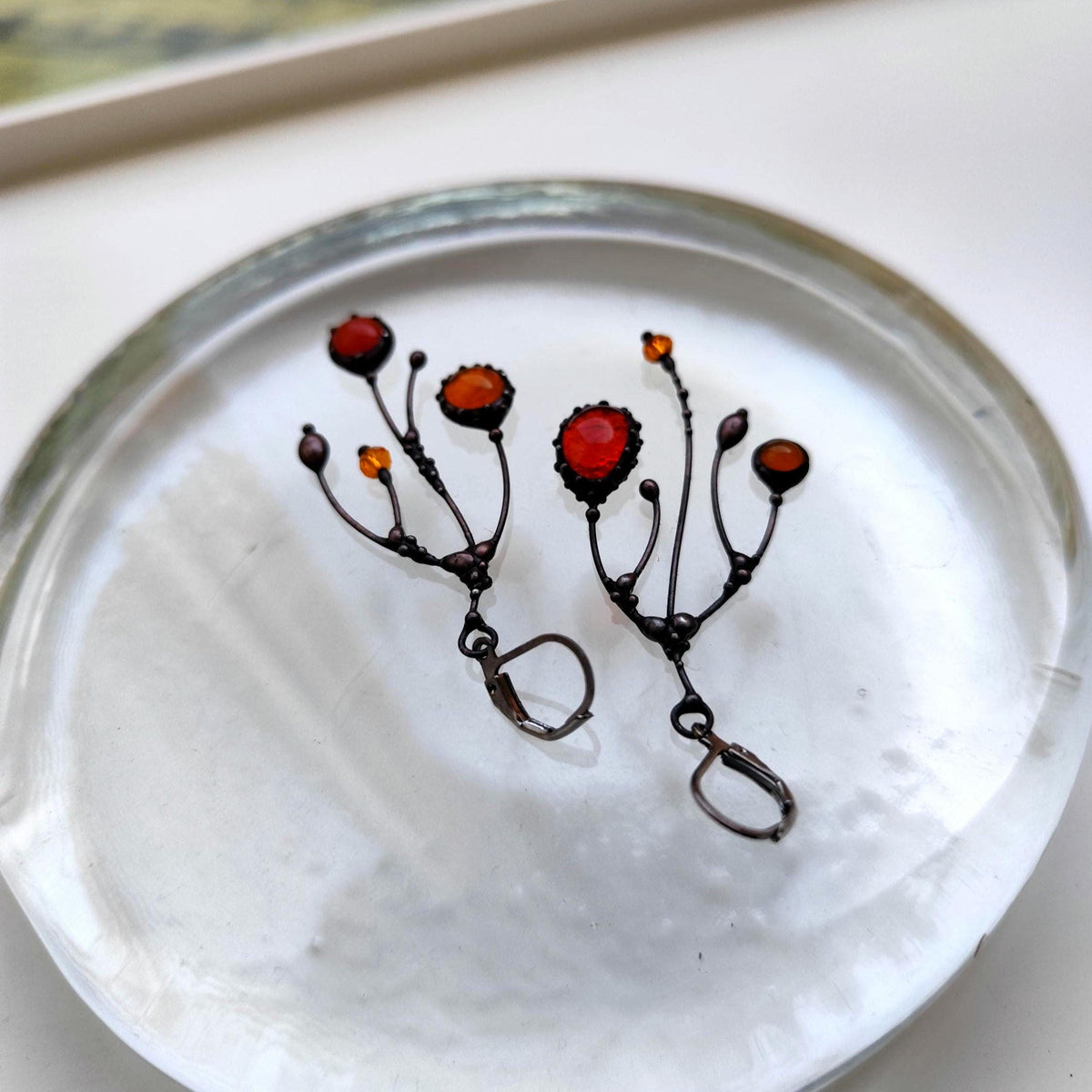 Orange Glass Asymmetrical Branch Earrings – Blackened Copper