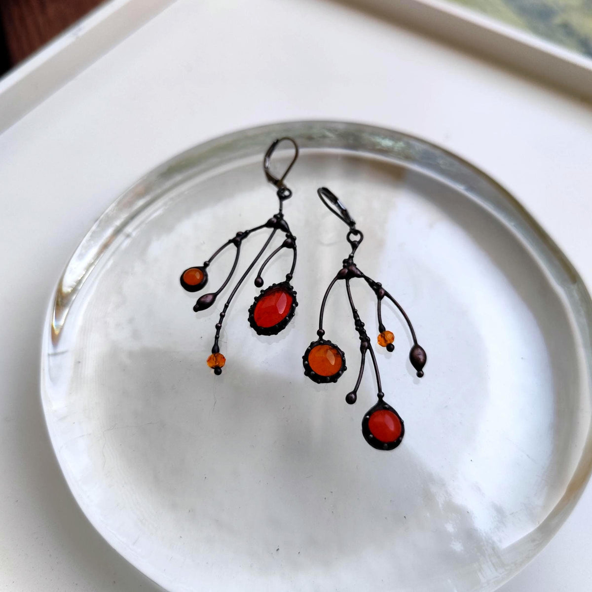 Orange Glass Asymmetrical Branch Earrings – Blackened Copper