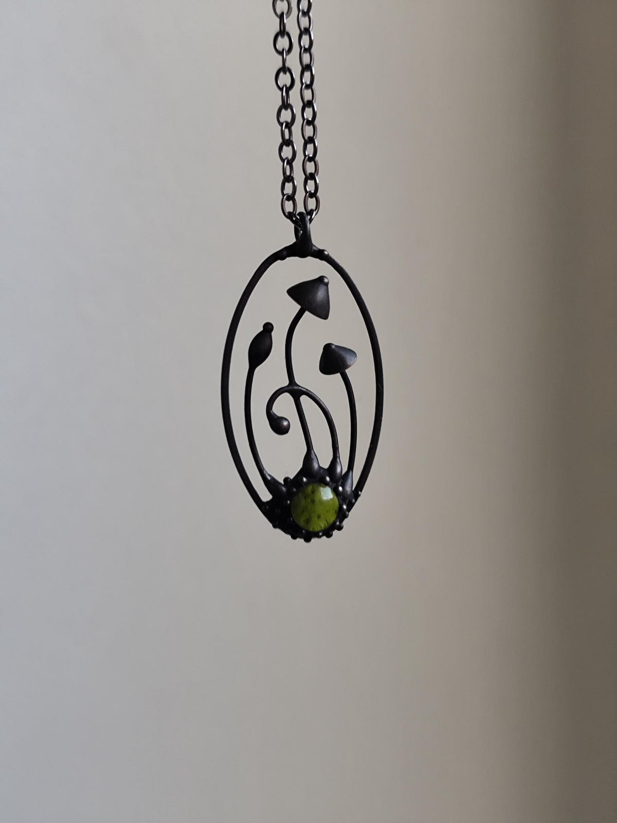 Green Glass Mushroom Necklace – Blackened Copper Oval Forest Pendant – Magic Mushroom