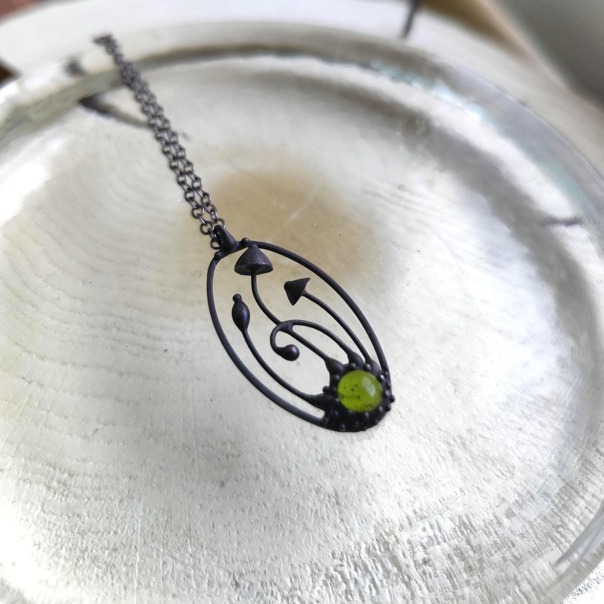 Green Glass Mushroom Necklace – Blackened Copper Oval Forest Pendant – Magic Mushroom