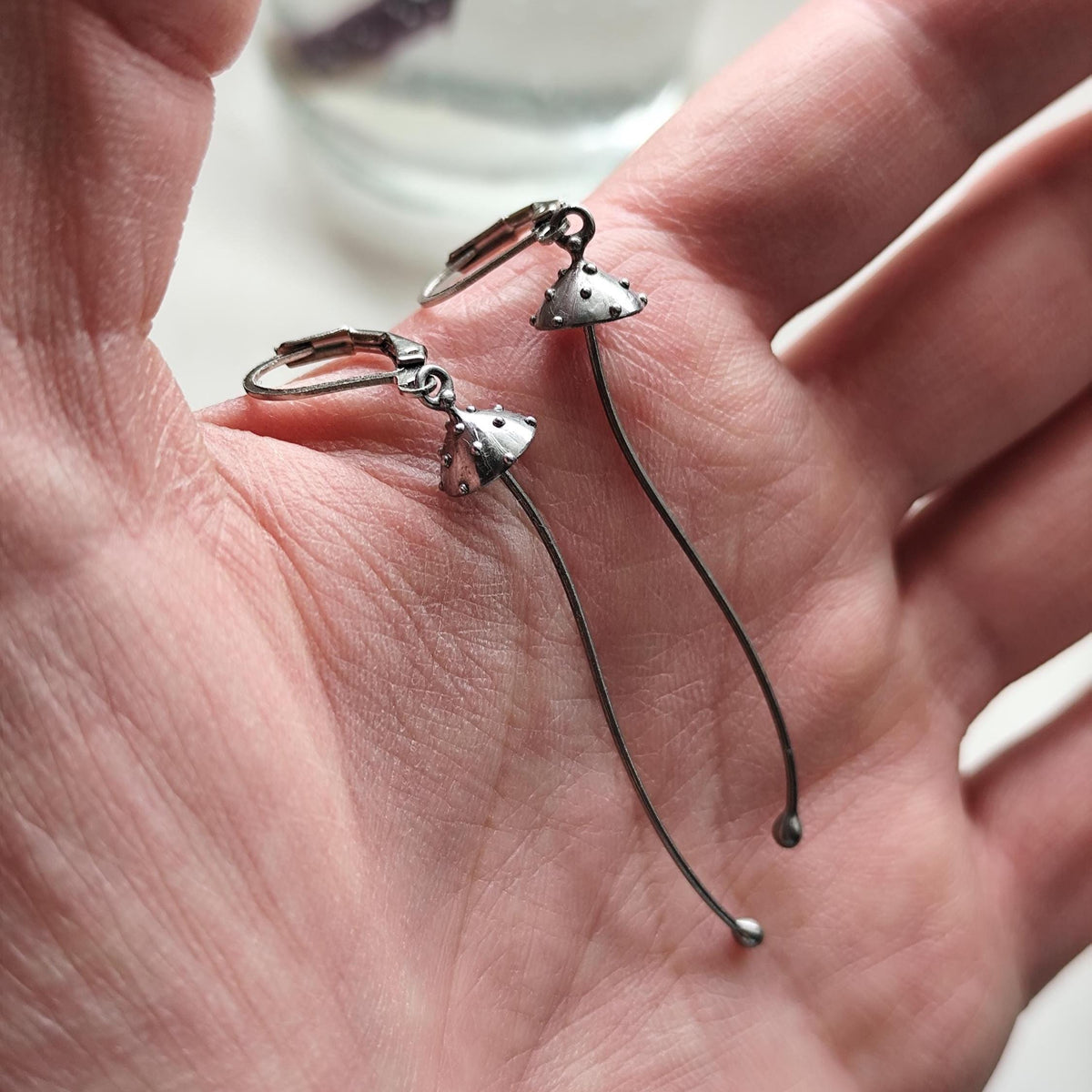 Silver Amanita Mushroom Earrings – Long Copper & Pewter Dangles – Minimalist Forest