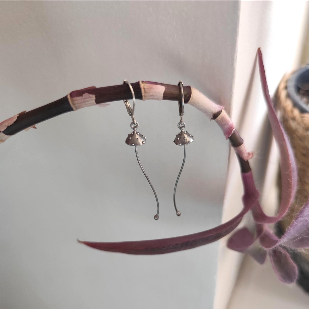 Silver Amanita Mushroom Earrings – Long Copper & Pewter Dangles – Minimalist Forest